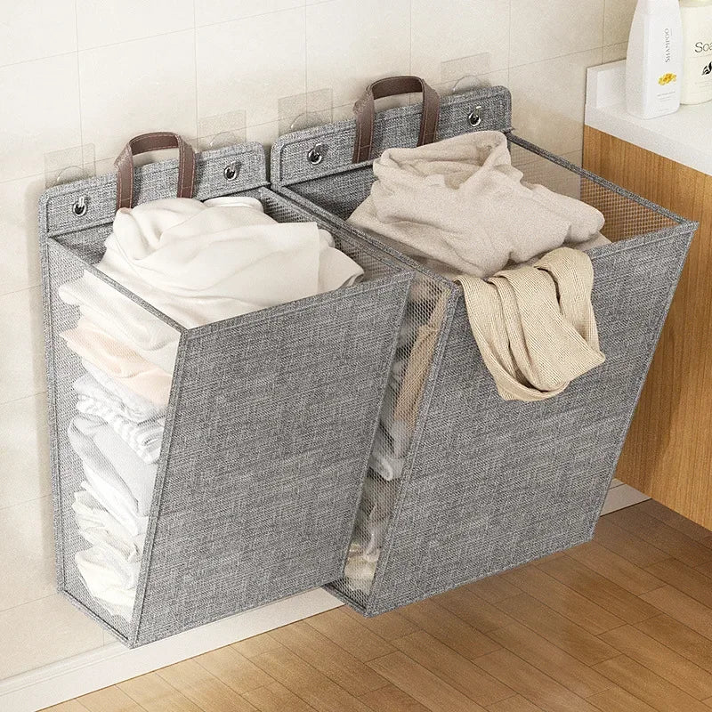 "Space-Saving Hanging Laundry Basket: Your Bathroom Organizer Solution"