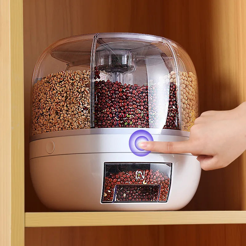 "Effortless Storage: 360° Rotating Rice Dispenser & Cereal Bucket"