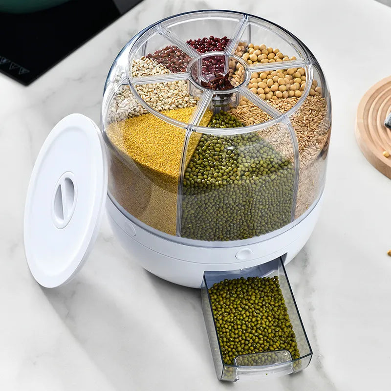 "Effortless Storage: 360° Rotating Rice Dispenser & Cereal Bucket"