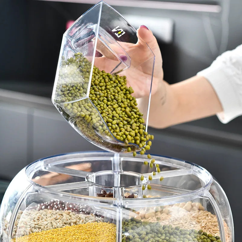 "Effortless Storage: 360° Rotating Rice Dispenser & Cereal Bucket"