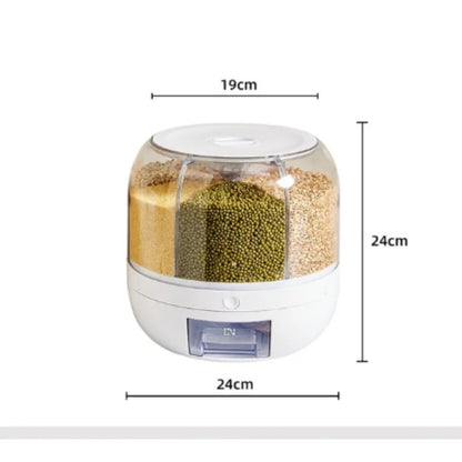 "Effortless Storage: 360° Rotating Rice Dispenser & Cereal Bucket"